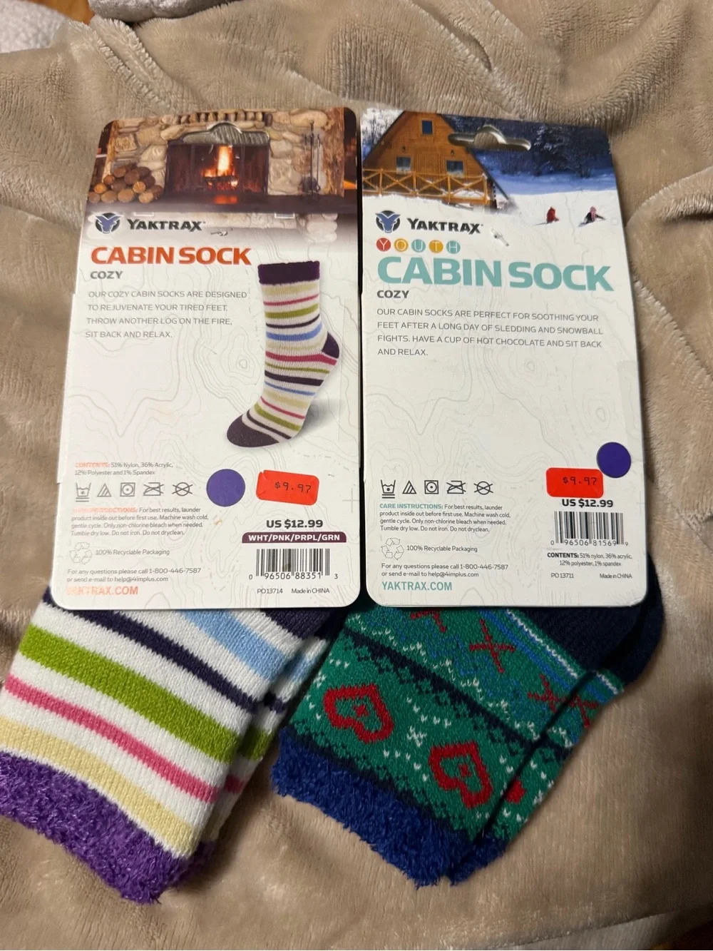 Yaktrax Kids Cabin Socks - Navy Green Pattern & Multicolor Stripes